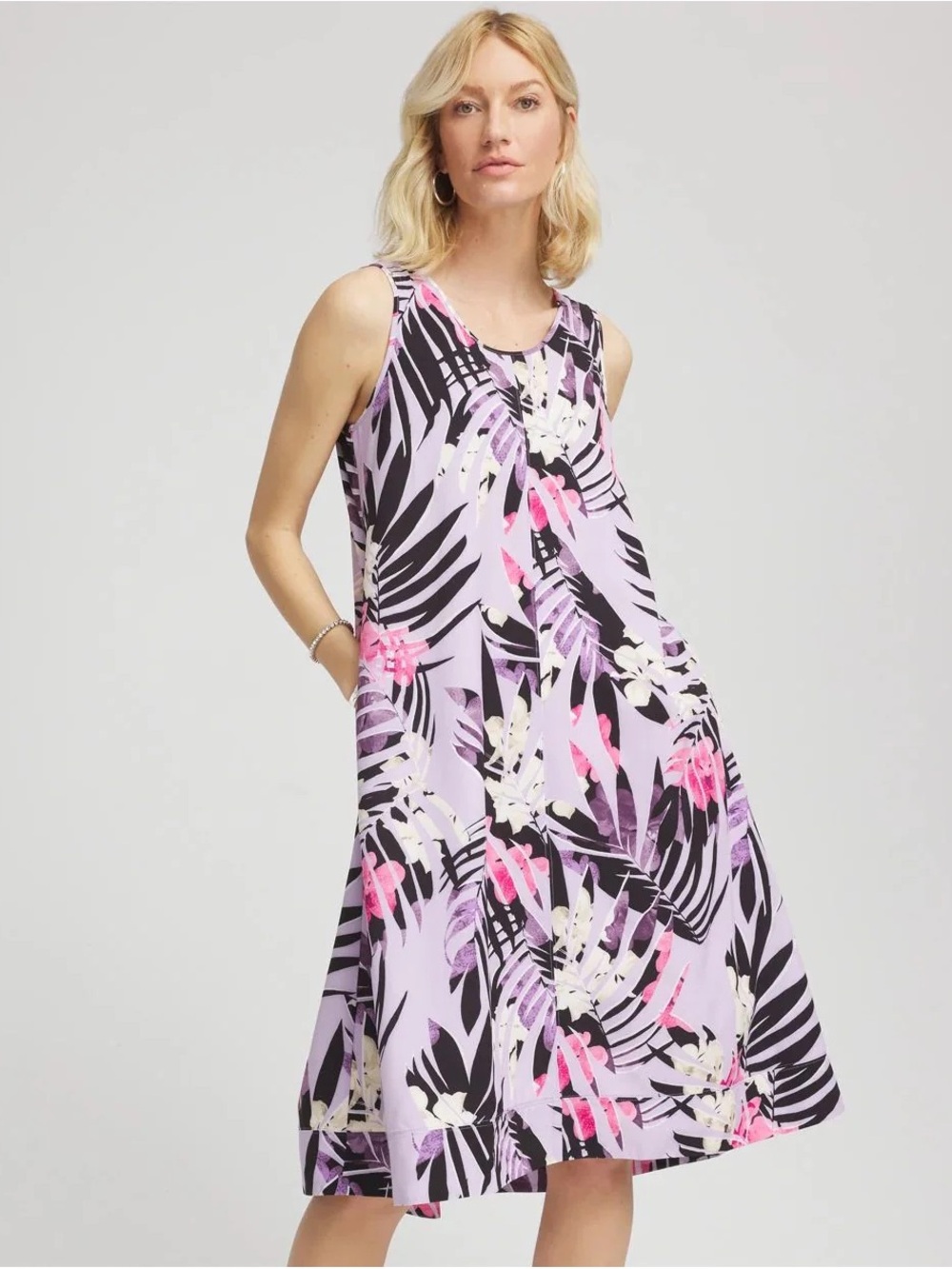 🌴 Like NEW Chico’s Sleeveless Lavender Tropical Print A-Line Dress